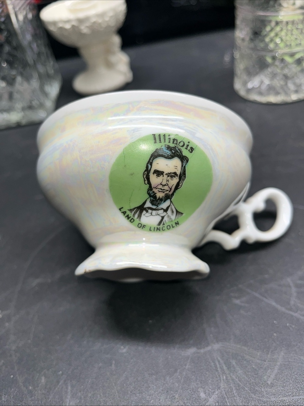 Vintage Illinois 'Land of Lincoln' Iridescent White Souvenir Cup